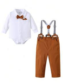 SHEIN Bộ trang phục quý ông 3 món cho bé trai mới biết đi, áo liền quần dài tay màu trắng và quần kaki có dây đeo, thoải mái, đa năng, cổ điển, thời trang, dễ thương, phong cách Anh, thích hợp cho trong nhà, ngoài trời, hàng ngày, thể thao, vui chơi, tiệc tùng, chụp ảnh, kỳ nghỉ, ngày lễ, đám cưới, tiệc chào đón em bé, lễ rửa tội và sinh nhật lần thứ 1 - Nhiều màu - Xem 2