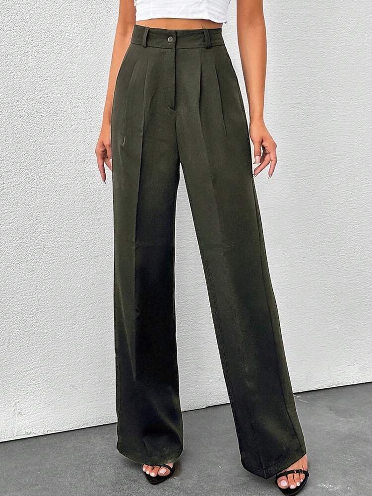 SHEIN Tall Tall Women's Solid Color High Waisted Wide Leg Pants High Waist Pants Olive Green Pants Loose Pants - Mocha Brown - View 6