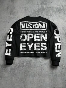 Manfinity EMRG 男士街头风流行INS涂鸦眼睛图案印花男友/老公礼物、周年纪念礼物，黑色套头卫衣，秋冬款