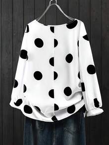 SHEIN CURVE+ 优雅通勤和度假风格女士休闲百搭舒适面料圆领长袖常规设计黑白加大码衬衫，春夏秋 - 黑與白 - 查看 2