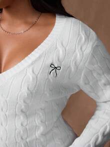 Rustia Plus Size Cute Casual Textured V-Neck Long Sleeve Sweater Fall Winter Cloth For Women Autumn - White - View 6