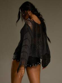 MUSERA 斜领破洞流苏串珠长袖毛衣，西部乡村街头风，节日优雅Y2K性感可爱90年代波西米亚风，中西部冬季优雅晚宴派对春夏春假 - 黑色 - 查看 4