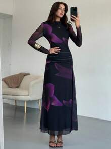 Aloruh 全新秋冬紫色扎染花卉网眼印花派对长袖修身连衣裙 - 紫色 - 查看 8