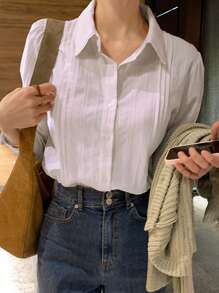 DAZY 纯色纽扣前衬衫，长袖上衣秋季 - 白色 - 查看 5