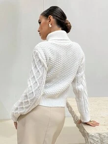 Lavishia 女式休闲扭纹图案高领长袖毛衣，秋季 - 杏色 - 查看 2