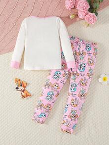 2 件套少女长袖上衣和紧身裤睡衣套装，柔软面料，可爱小狗图案 - 粉色 - 查看 2