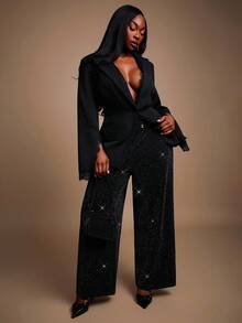 SHEIN SXY Plus Size Women's Elegant Shiny High-Waisted Straight Leg Black Dress Pants, Suitable For Party In Autumn & Winter