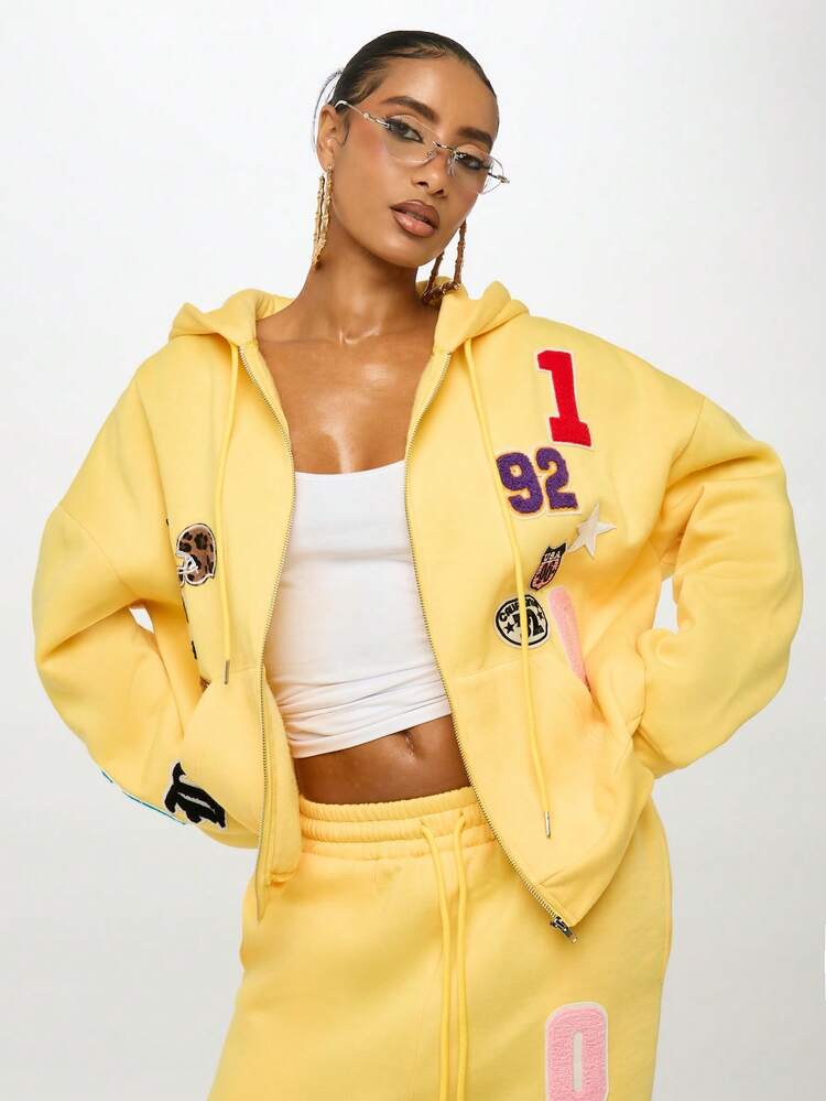 SUMWON WOMEN Felpa con cappuccio e zip con toppe e numeri sportivi