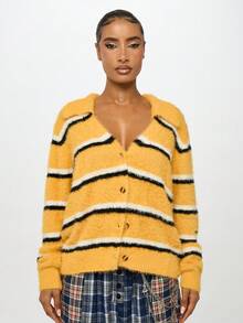 SUMWON WOMEN Áo len cardigan kẻ sọc cài nút phía trước cổ chữ V tay dài ấm áp mùa thu đông phong cách đại học cổ điển thời trang Y2K trường dự bị đại học - Màu vàng - Xem 6