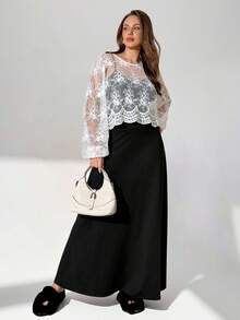 Auralis Plus Size Women's Autumn Fashion Casual Loose Comfortable Basic Daily Versatile White Lace Crop Top And Black Vest Long Skirt Two-Piece Set, Autumn Clothing, Women's Casual Suit, Going Out Clothing, Office Wear, Elegant, Business Casual, Everyday Wear - Black and White - View 6