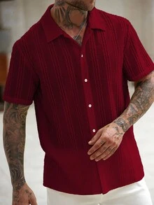 Manfinity RSRT 3 piezas Camisas de punto de manga corta casual y arrugada para hombres, para verano y vacaciones - Rojo - Ver 3