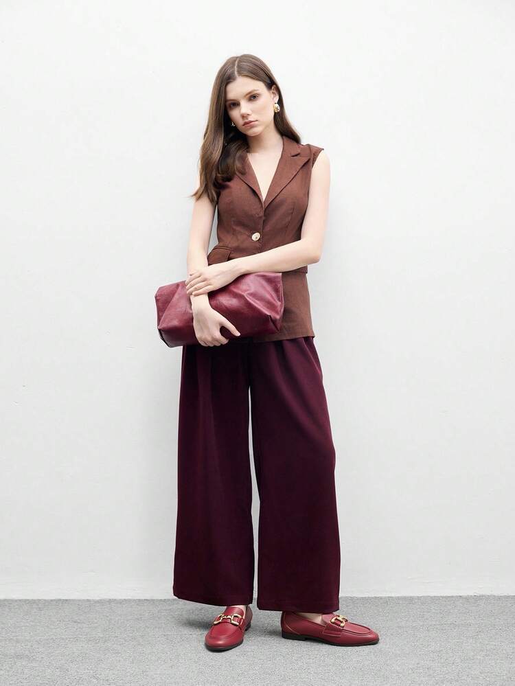CUCCOO BIZCHIC Square Toe Flat Wine Red Fashionable Bit Buckle Retro Comfortable Simple Commute Women Loafer Shoes