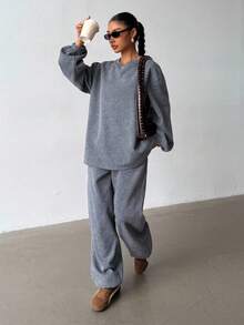 SHEIN 2pcs/Set Teen Girls' Oversized Heather Grey Crew Neck Sweatshirt And Sweatpants Tracksuit, Casual Vintage American Style, Suitable For Autumn/Winter, Back To School Season Grey Sweatpants Wide Leg Sweatpants Flare Sweatpants Two Piece Sweatsuit Grey Two Piece Set Two Piece Pants Set Grey Pants Fall - Dark Grey - View 7