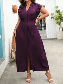 Vionelle 大码女式法式度假沙滩裙，V 领纽扣式落肩袖，腰带，超长款，适合通勤，春夏季 - 紫紅色 - 查看 4