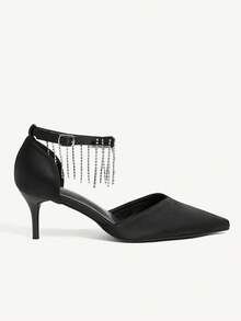 CUCCOO CHICEST Women's Pointed Toe Rhinestone Pendant Mid Heel Pumps, Elegant Luxurious Romantic Gothic Fashion Sexy Black Satin High Heels, Hollow Out Formal Dress Shoes For Wedding, Party, Cocktail, Holiday - Black - View 8
