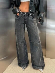 cottnline RueChic Low Waist Wide Leg Special Wash Jeans - Black - View 5