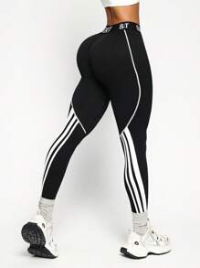 Dewbera 1 件对比条纹弹性腰部跑步、健身、瑜伽、运动紧身裤健身房紧身裤瑜伽紧身裤训练紧身裤健身紧身裤女式紧身裤 - 黑與白 - 查看 3