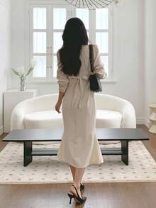 DAZY Damen V-Ausschnitt Langarm Taille Raffung Midi Meerjungfrau Kleid - Weiss - Übersicht 5