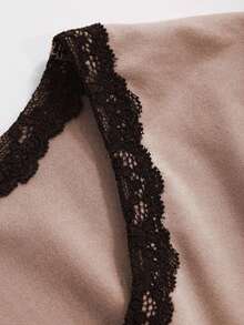 DAZY Women's Slim Fit Lace Trim Color Block T-Shirt Going Out Tops - Khaki - View 8