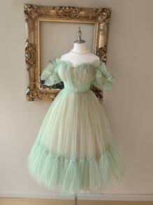 Lovelzi 优雅浪漫的绿色网眼荷叶边露肩收腰派对鸡尾酒会礼服 - 綠色 - 查看 6