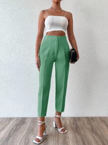 EURMUSE Màu thuần Gấp lại Xếp li Quần ống côn - màu xanh lá - Xem 4