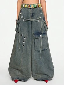 ROMWE Grunge Punk Quần jeans nữ cạp thấp dáng rộng phong cách Punk Streetwear - Màu xanh lam - Xem 6