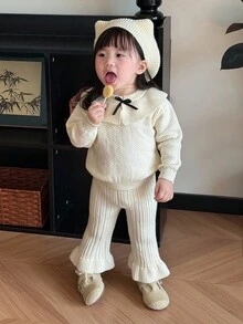DAZY 女婴荷叶边领韩版蝴蝶结长袖毛衣裤套装，奶油色女婴套装，泡泡袖女婴套装，幼儿女童服装 - 米色 - 查看 5