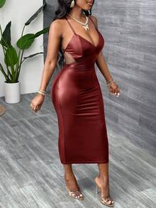 Slaydiva Summer New Style Elegant Sexy Strapless Back Cross Design Backless Waist Slim Midi Skirt Black PU Women's Dress