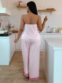 SHEIN 大码女式蕾丝拼布柔软舒适吊带背心和裤子睡衣套装