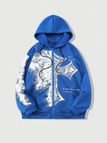 ROMWE MEN Goth Herren Skelett- und Spruch-Grafik Reißverschluss-Ziehbeutel Thermo-Kapuzenjacke für Halloween, Schule