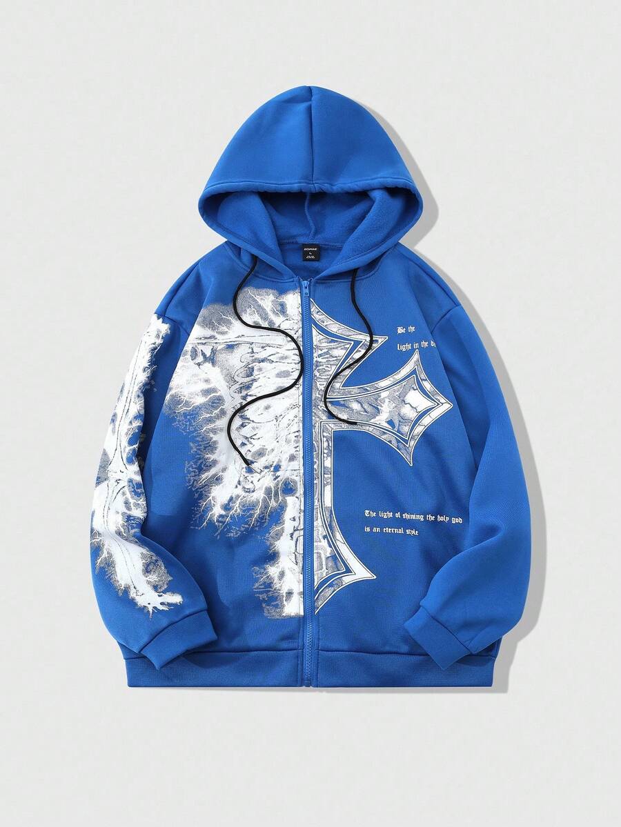 ROMWE MEN Goth Herren Skelett- und Spruch-Grafik Reißverschluss-Ziehbeutel Thermo-Kapuzenjacke für Halloween, Schule