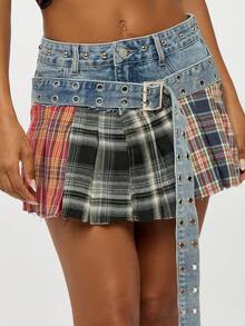 SUMWON WOMEN Y2K 时尚牛仔迷你裙褶皱格子拼布索环腰带破旧节日朋克另类美学学院风学生女孩秋冬 - 彩色 - 查看 7