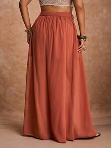 Veslaya 秋冬新品/女士秋季服装/万圣节/秋冬女装 百搭简约波西米亚风宽松飘逸阔腿裤，柔和纯色，适合海滩、音乐节、热带度假、春季穿着，大码女装 - 棕色 - 查看 2