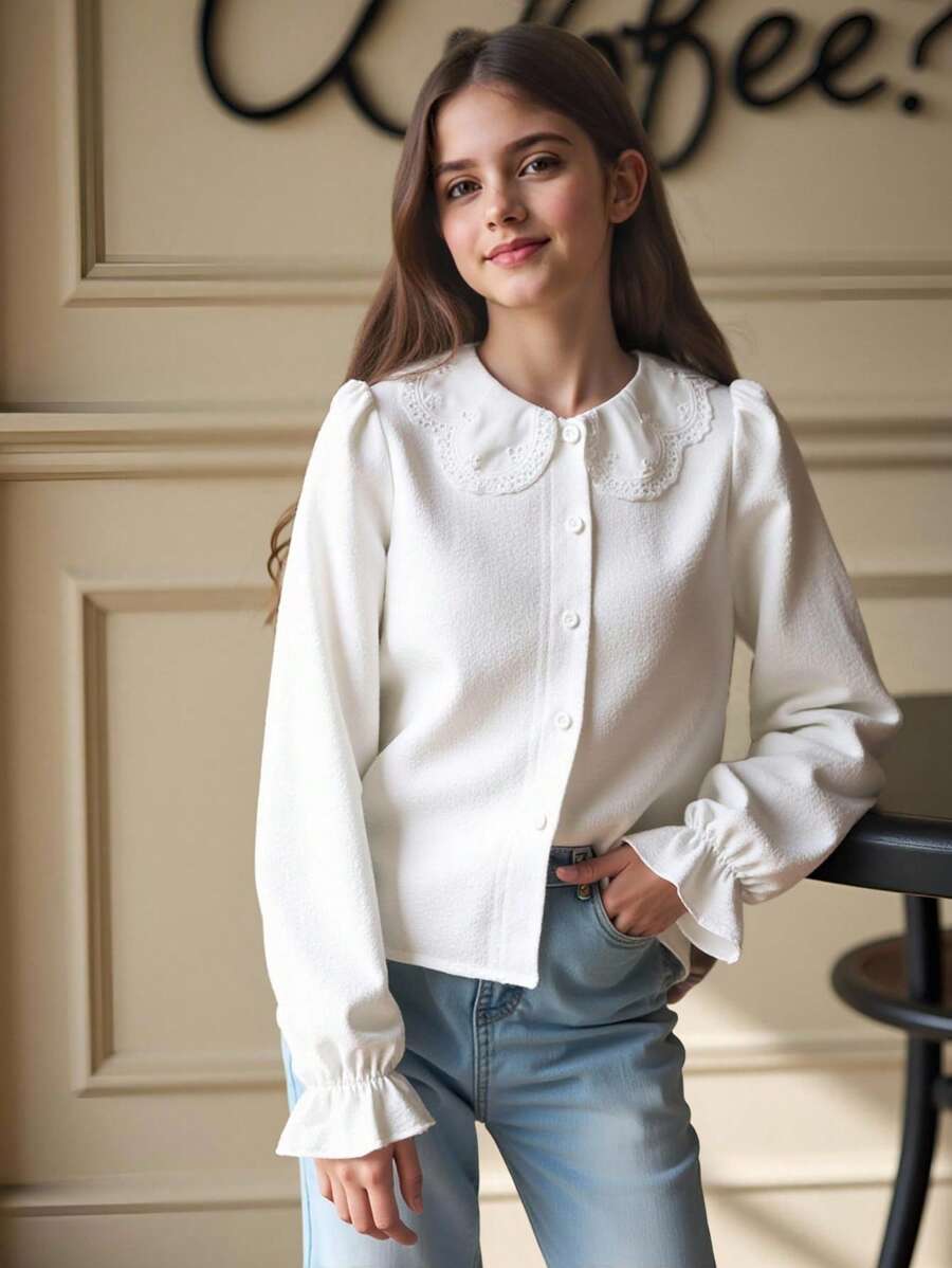 SHEIN Tween Girl Ruffle Collar Petal Trim White Blouse Suitable For Back To School - White - View 1