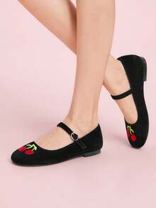 CUCCOO DOLLMOD 女式黑色绒面樱桃刺绣时尚平底鞋 - 黑色 - 查看 4