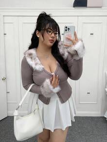 CovetEZ Áo khoác tay dài ôm sát cổ lông màu khối cỡ lớn, mùa thu/đông - Màu Khaki - Xem 6