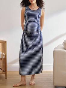 BloomMama Maternity Backless Long Dress - Blue and White - View 3