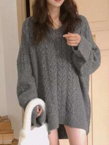DAZY 宽松圆领麻花针织长袖休闲中长款毛衣，法式时尚秋冬 - 灰色 - 查看 5