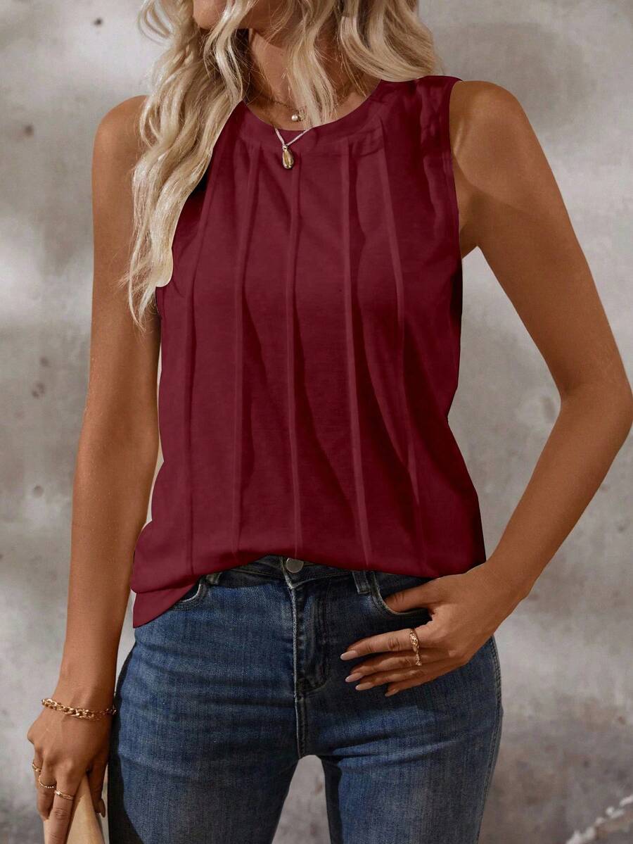 EMERY ROSE Women's Solid Color Round Neck Toothpick Design Casual Tank Top, Summer - Red - View 1