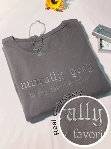 INAWLY 时尚街头风格复古口号刺绣棉质加大码圆领T恤女款 - 深灰色 - 查看 1