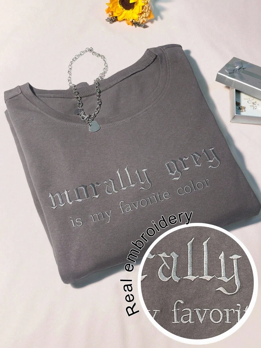 INAWLY 时尚街头风格复古口号刺绣棉质加大码圆领T恤女款 - 深灰色 - 查看 1