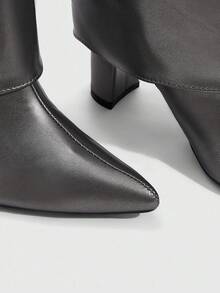 CUCCOO SZL Women's Pointed Toe Thick High Heel Boots, Silver PU Fabric Double Layer Design, Fashion Minimalist For Daily, Party, Banquet, Side Zipper - Silver - View 6