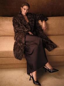 MOTF PREMIUM SOLID LAPEL COLLAR SLANT POCKET DOUBLE BUTTON PLACKET FAUX FUR COAT , FALL WINTER - Coffee Brown - View 2