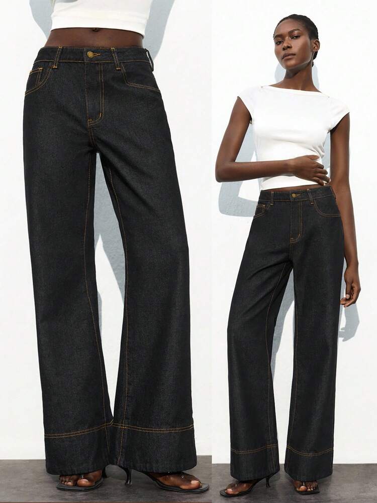 SHEIN Maija Women's Dark Blue Jeans Retro Low Waist Straight Pants Old Money Style Autumn Workplace Women's Clothing