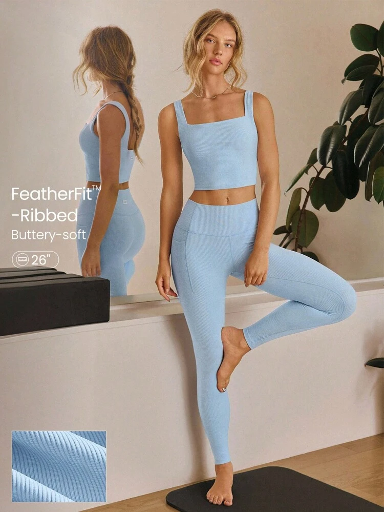 Legginsy FeatherFit™ z prążkowanymi nogawkami, bez szwów z przodu, kieszenie boczne, legginsy z wysokim stanem, do jogi i pilatesu o niskim wpływie, codzienne, codzienne ubranie