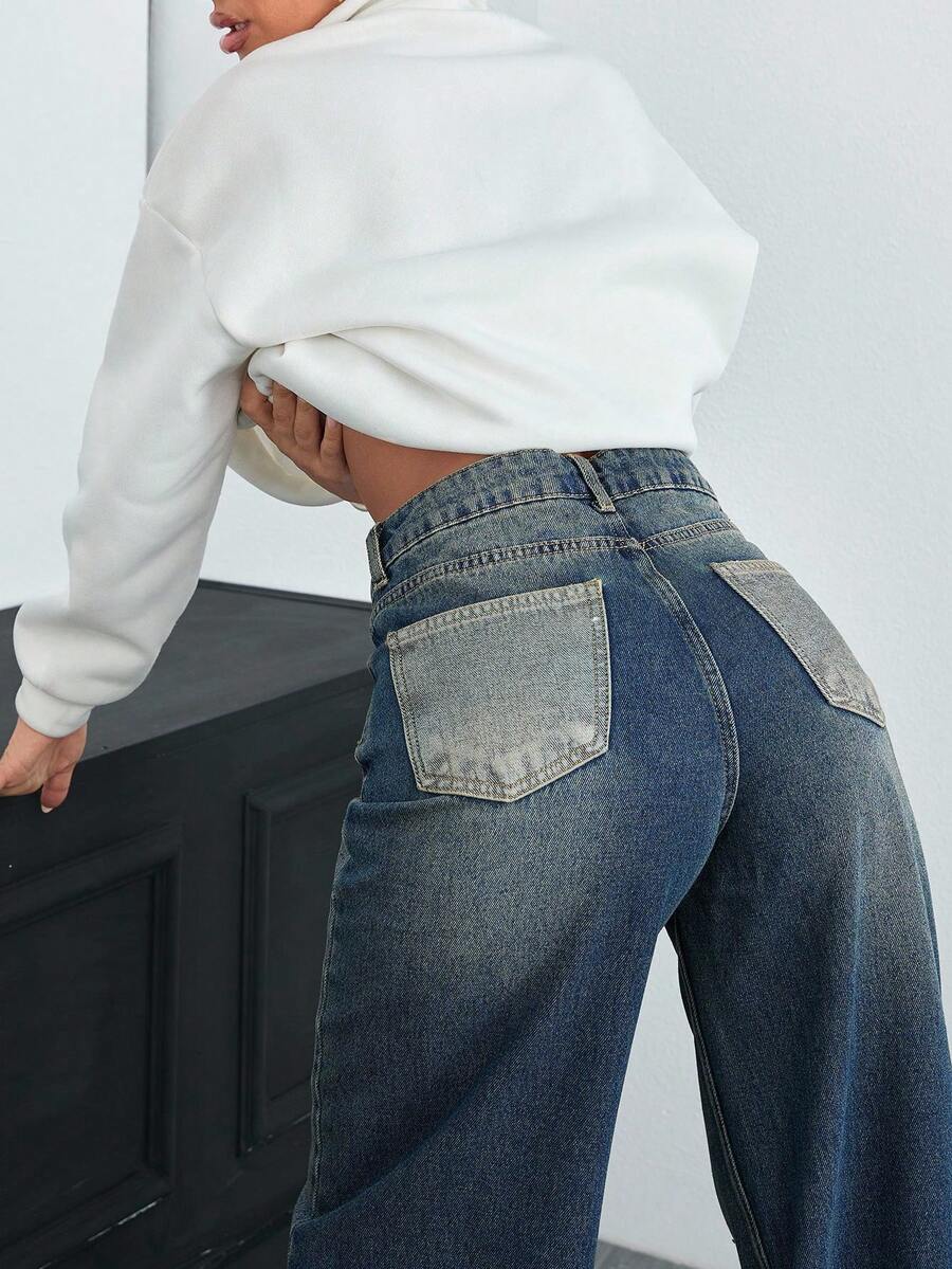 EURMUSE HIGH WAIST WIDE LEG CASUAL STYLE DENIM - Medium Wash - View 1