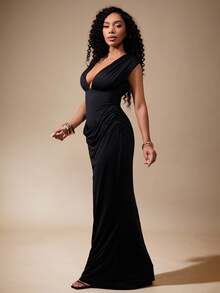 Vixey 优雅简约纯色修身无袖女式长裙 - 紅色 - 查看 4