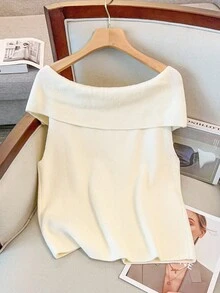 GlowEve CURVE Plus Size Women's Elegant Off Shoulder Embellished Knit Top - Beige - View 2