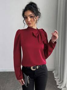 Rafferiza 女士纯色优雅领带泡泡袖衬衫 - 紅色 - 查看 3