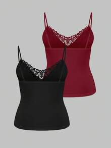 SHEIN LUNE Conjunto de 2 piezas de camiseta sin mangas de talla grande con parches de encaje y unicolor para mujer - Burdeos - Ver 2